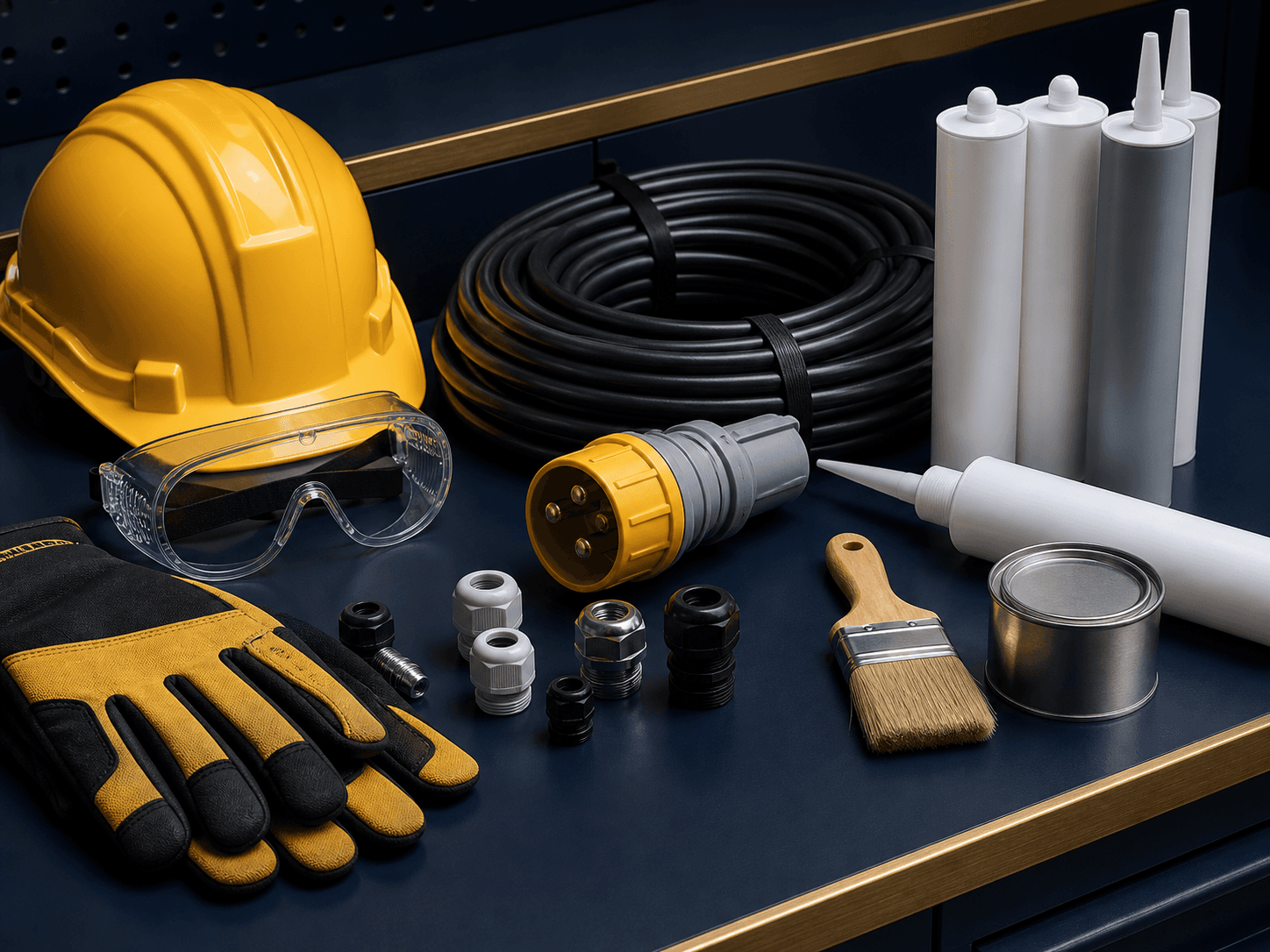 Electrical cable, industrial plug, safety helmet, gloves, sealants and maintenance supplies