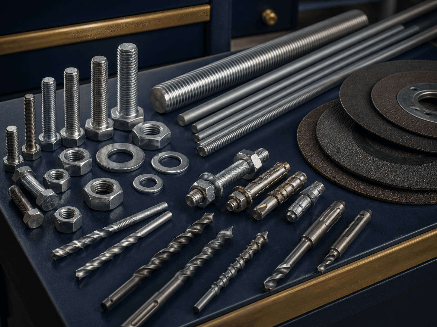 Industrial bolts, nuts, threaded rods, drill bits and cutting discs