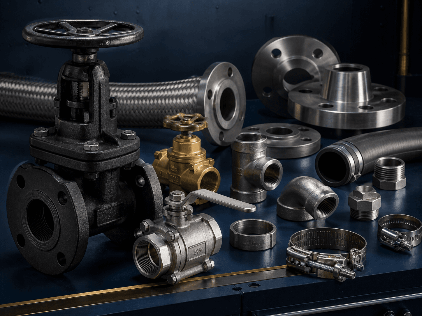 Industrial valves, pipe fittings, flanges, flexible hose and clamps